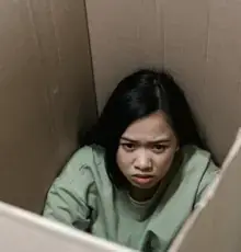 A young woman crouched inside a cardboard box, looking up with a worried, guarded expression.