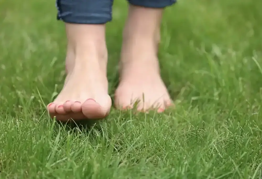 Bare feet walking slowly across green grass.