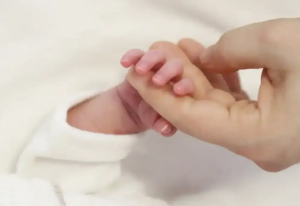 A newborn's hand wrapped around an adult's finger.