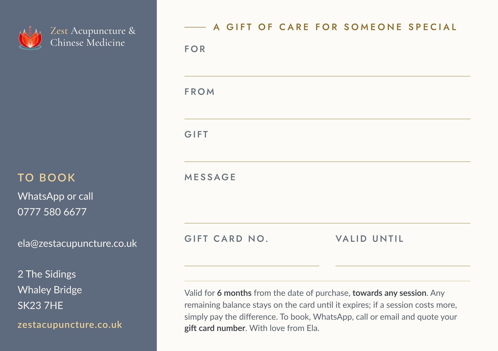 Details side of the gift card