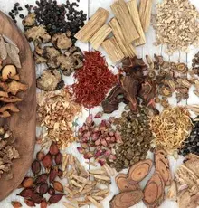 A selection of dried Chinese medicinal herbs and roots.