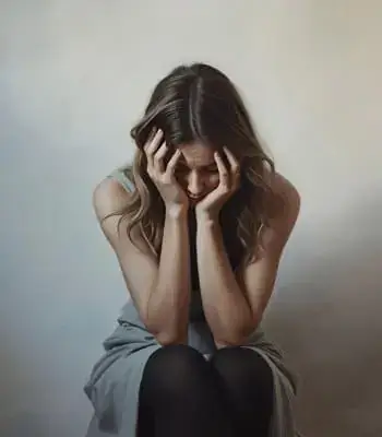 A woman sits with her head in her hands, in a moment of low mood and exhaustion.