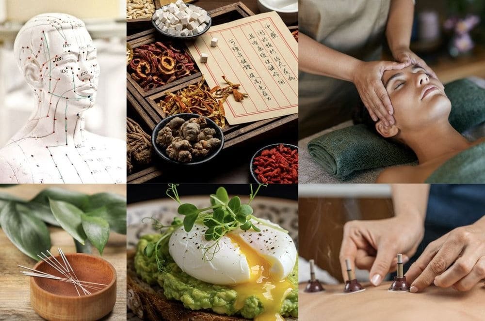 A collage of treatments: an acupuncture point model, Chinese herbs, a head massage, acupuncture needles in a wooden bowl, a nourishing breakfast, and moxa on the back.