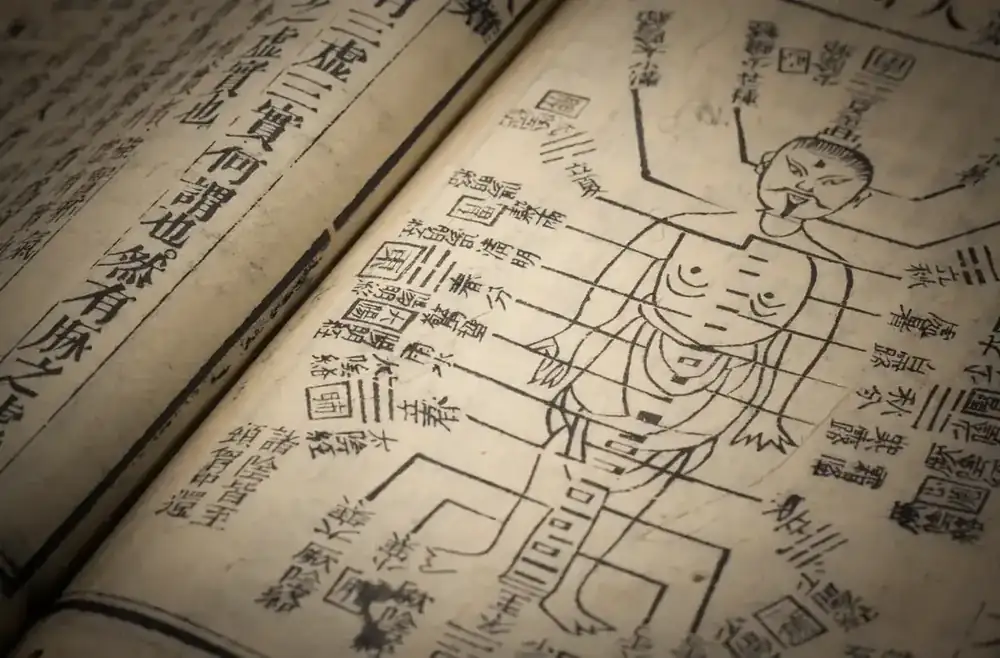 An old Chinese medical book open at a woodblock drawing of the body, with channels and points labelled in Chinese characters.