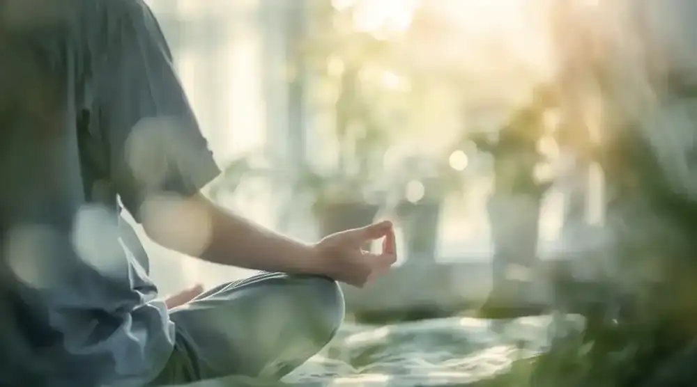 A woman sitting cross-legged in soft morning light, her hand resting on her knee.
